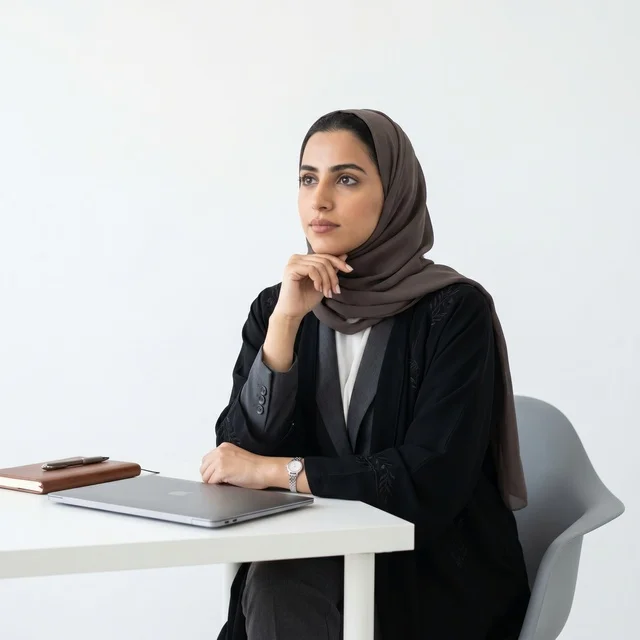 سيدة أعمال عربية ترتدي الحجاب وتفكر خلف مكتب العمل