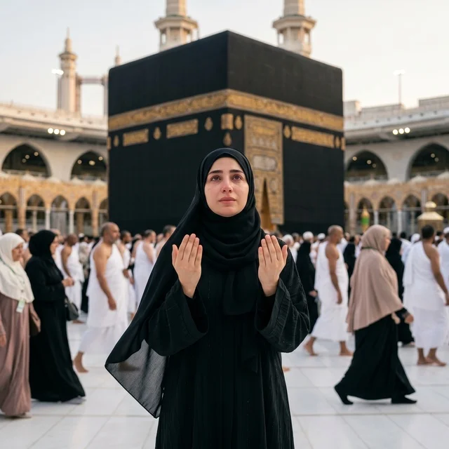 امرأة مسلمة تدعو وتصلي أمام الكعبة في مكة امرأة مسلمة تدعو وتصلي أمام الكعبة في مكة