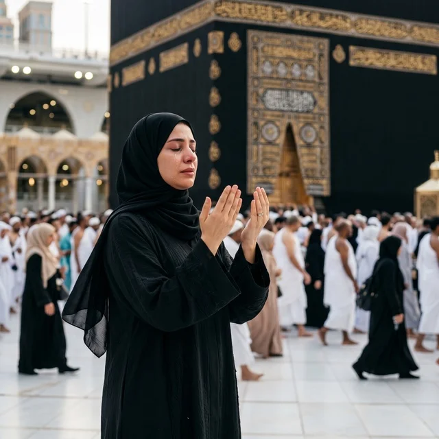 Muslim Woman Praying at Kaaba in Mecca