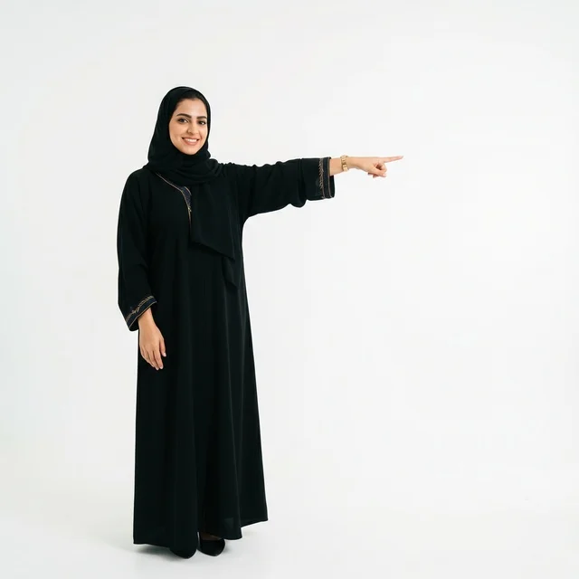 Arab Woman in Black Abaya Pointing on White Background