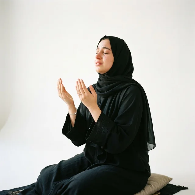امرأة مسلمة بالعباية السوداء تدعو على خلفية بيضاء
