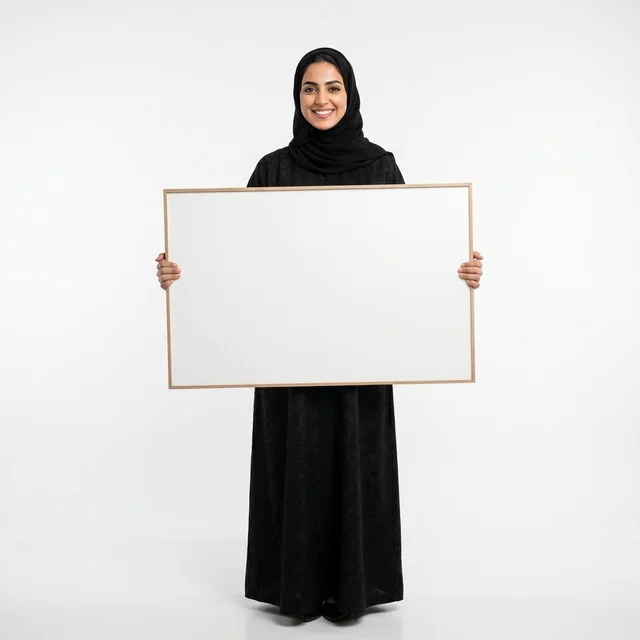 امرأة عربية بالعباءة تحمل لوحة بيضاء فارغة للدعاية
