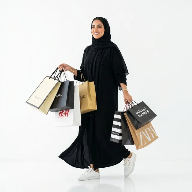 امرأة عربية تحمل أكياس تسوق على خلفية بيضاء