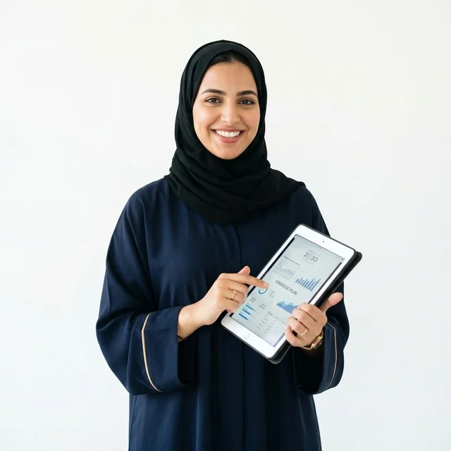 Arab Businesswoman Holding Tablet with Financial Data