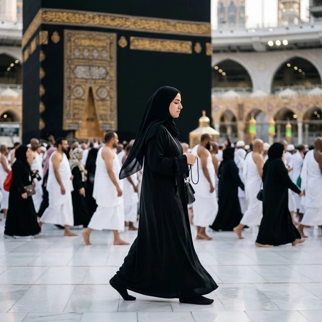 امرأة مسلمة تسير بجوار الكعبة المشرفة في مكة المكرمة
