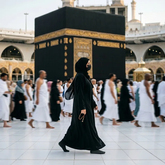Muslim Woman Walking Near Kaaba in Mecca Masjid al-Haram