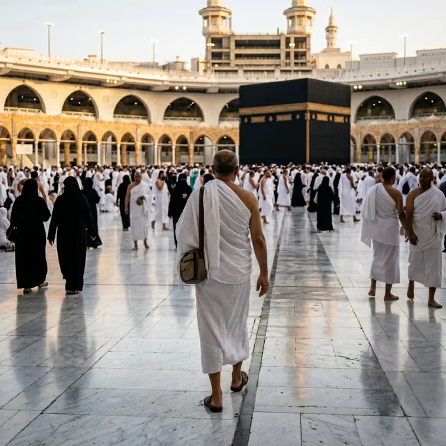 Muslim Pilgrims Walking Toward Kaaba in Mecca Saudi Arabia