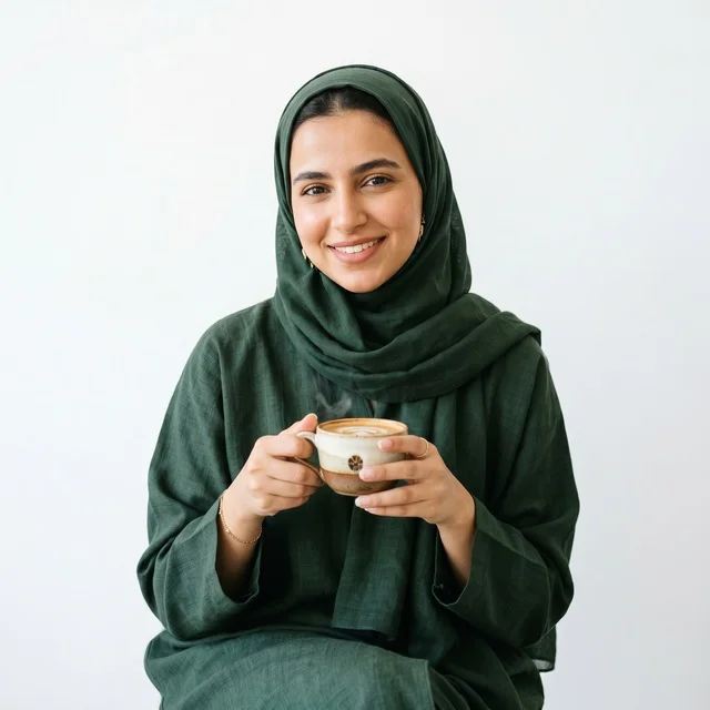 Smiling Arab Woman in Green Hijab Holding Hot Coffee Cup