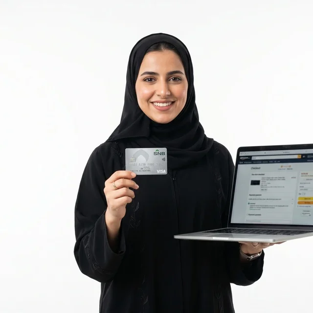 Saudi Woman Holding Credit Card and Laptop White Background