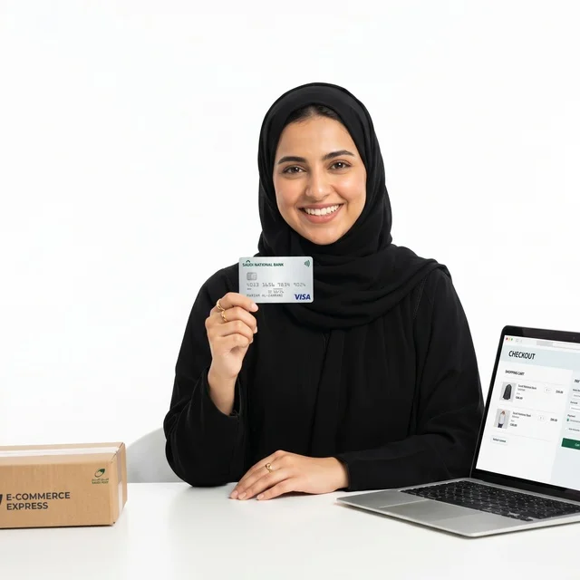 Saudi Woman Holding Credit Card with Laptop and Parcel