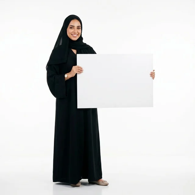 امرأة عربية بالعباءة تحمل لوحة بيضاء فارغة في الاستوديو