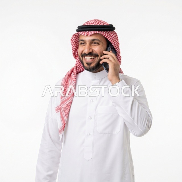 Smiling Saudi Man Using Smartphone on White Background