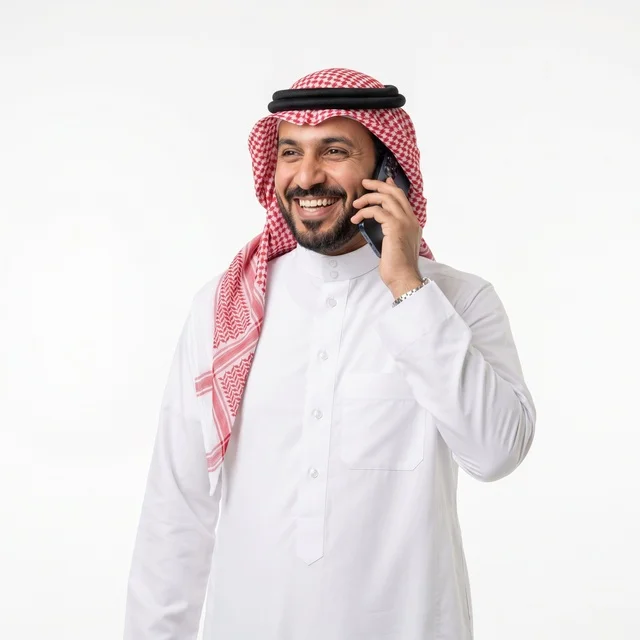 Smiling Saudi Man Using Smartphone on White Background