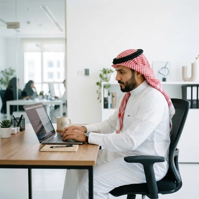 Saudi Businessman Working on Laptop in Modern Office