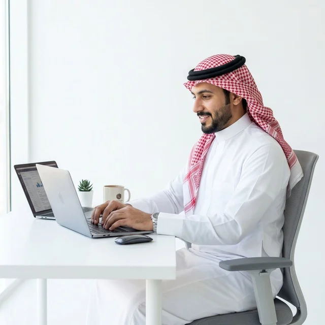 Arab Businessman Working on Laptop in Modern White Office