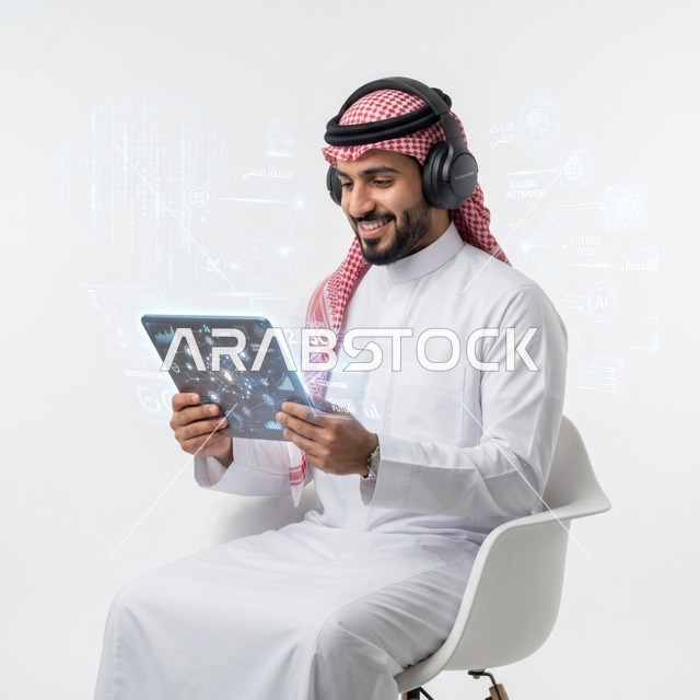 رجل سعودي يستخدم جهاز لوحي وسماعات تقنية رقمية