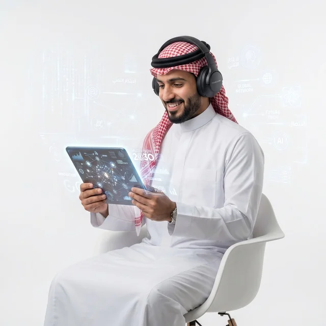 Saudi Man with Tablet and Headphones Digital Technology