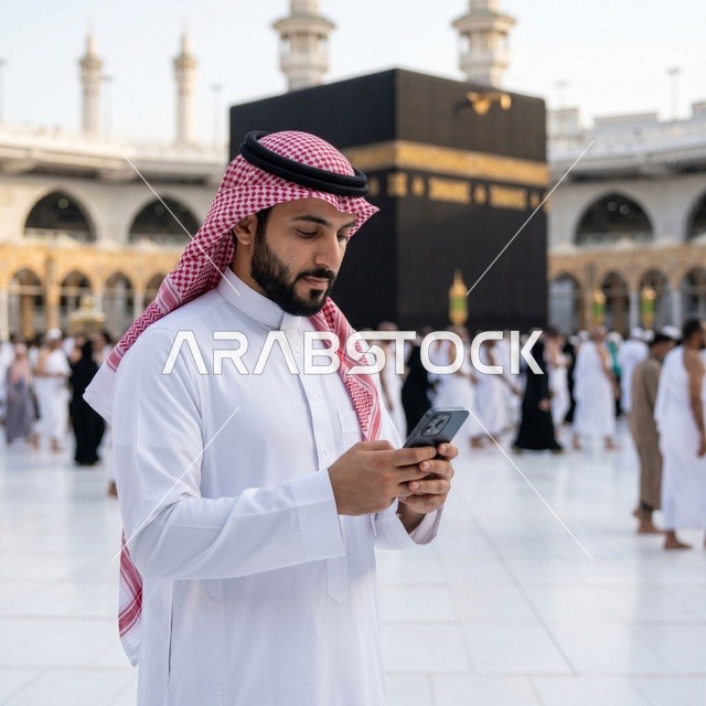 رجل سعودي يستخدم الهاتف الذكي في المسجد الحرام بمكة