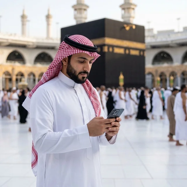 رجل سعودي يستخدم الهاتف الذكي في المسجد الحرام بمكة