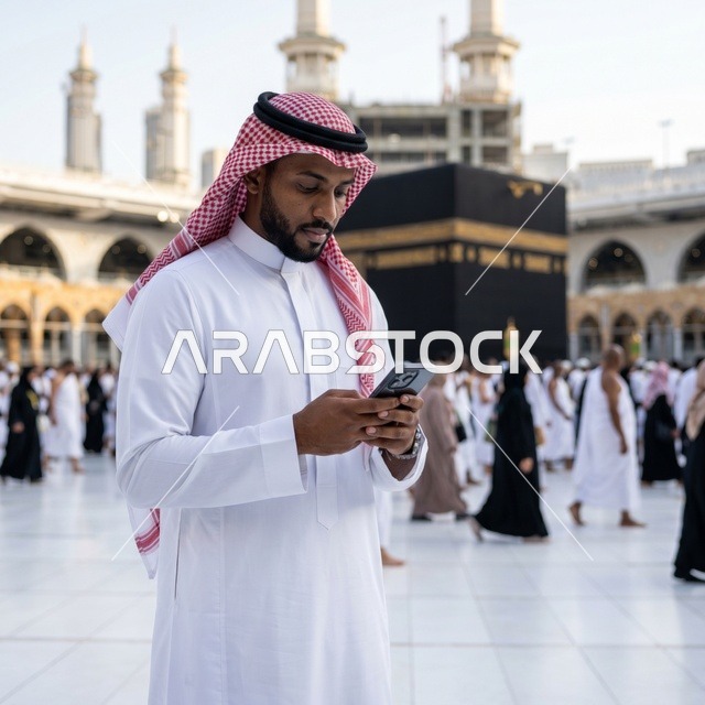 رجل سعودي يستخدم الهاتف في المسجد الحرام بمكة