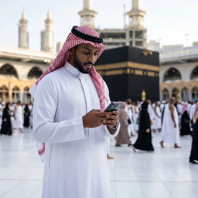 رجل سعودي يستخدم الهاتف في المسجد الحرام بمكة