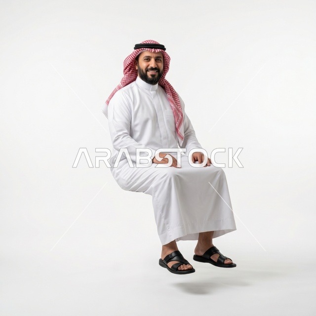 رجل سعودي بالزي التقليدي جالس على خلفية بيضاء