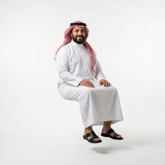 رجل سعودي بالزي التقليدي جالس على خلفية بيضاء