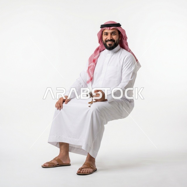 رجل سعودي بالزي التقليدي يجلس مع فنجان قهوة
