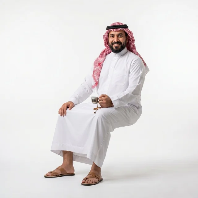 Saudi Man in Traditional Thobe Sitting with Coffee Cup