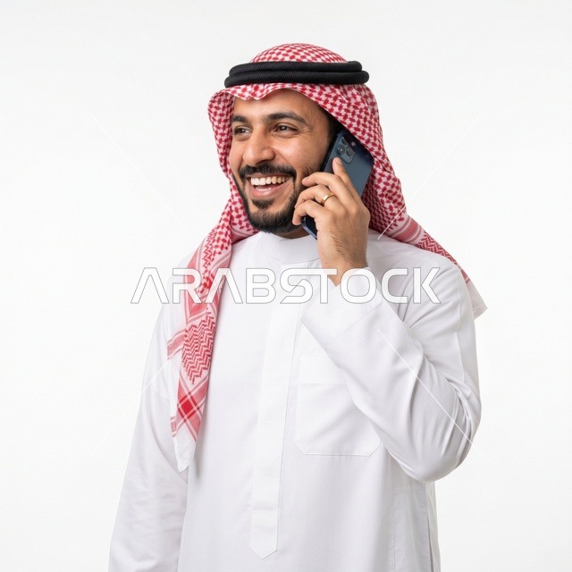 Smiling Saudi Man Talking on Smartphone White Background