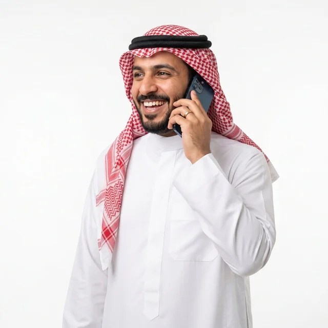 Smiling Saudi Man Talking on Smartphone White Background
