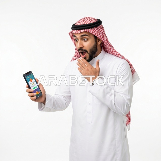 Surprised Arab Man Looking at Smartphone on White Background