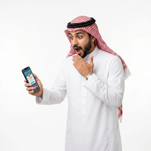 Surprised Arab Man Looking at Smartphone on White Background