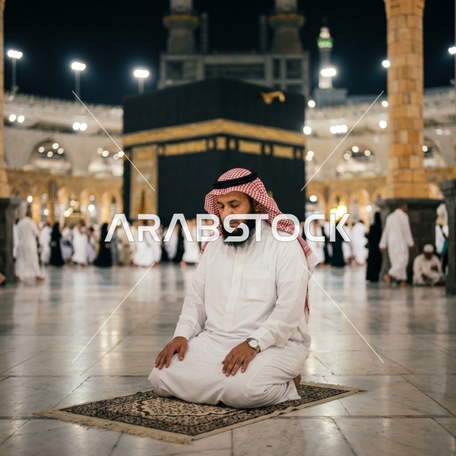 رجل يصلي أمام الكعبة في المسجد الحرام ليلاً