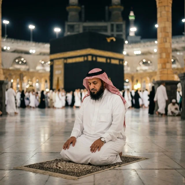 Muslim Man Praying at Kaaba Mecca Night