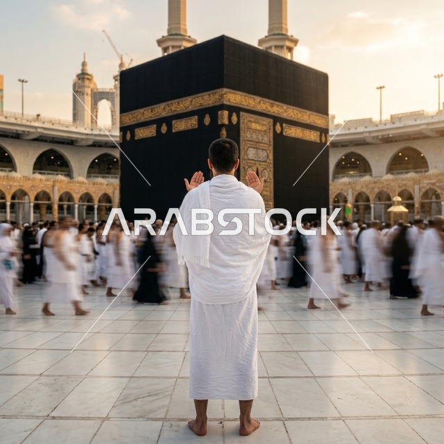 Pilgrim Praying at Kaaba Mecca During Sunset