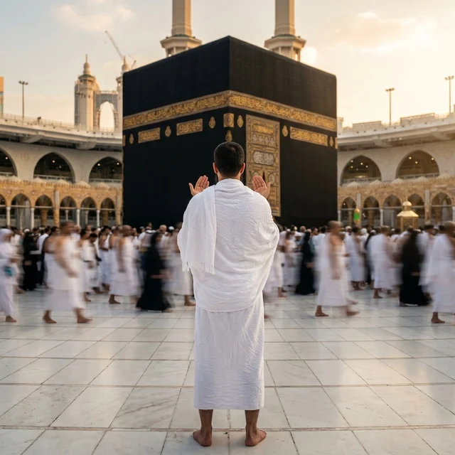 Pilgrim Praying at Kaaba Mecca During Sunset