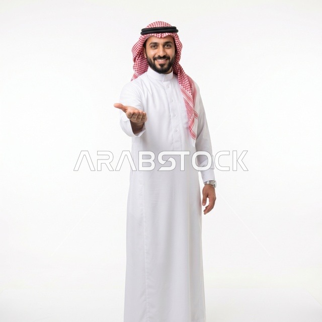 رجل سعودي مبتسم بحركة تقديم أمام خلفية بيضاء