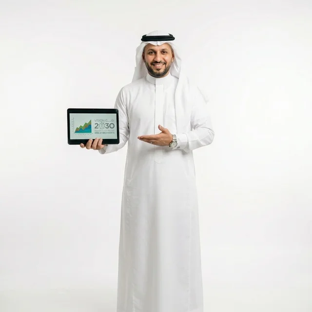 رجل أعمال سعودي مع تابلت رؤية 2030 على خلفية بيضاء