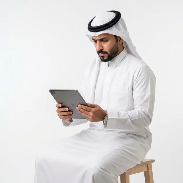 رجل سعودي يستخدم جهازاً لوحياً على خلفية بيضاء