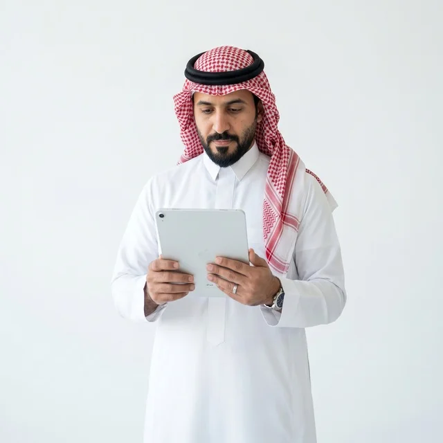 Saudi Businessman Using Digital Tablet on White Background