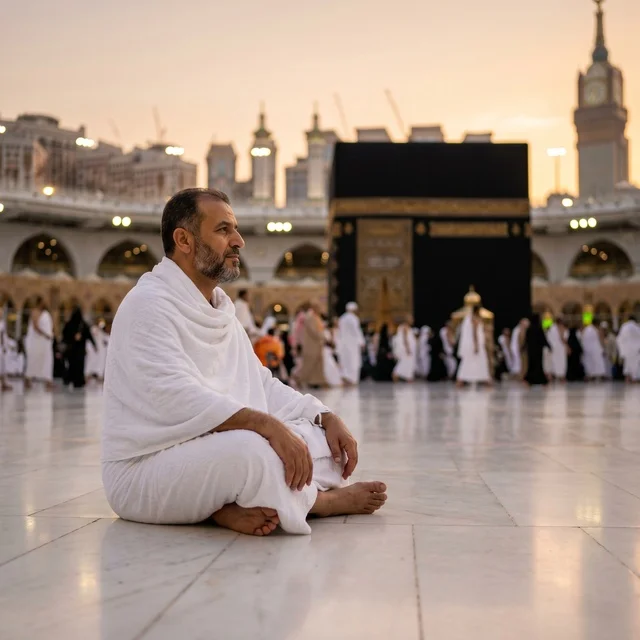 معتمر بملابس الإحرام أمام الكعبة المشرفة في مكة