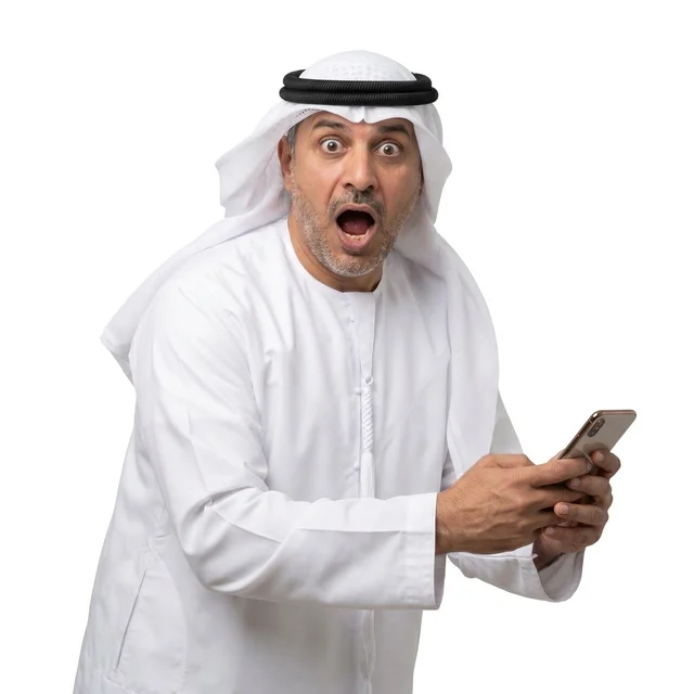 Shocked Arab Man with Smartphone on White Background