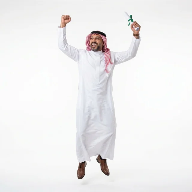 Saudi Man Jumping with Diploma on White Background