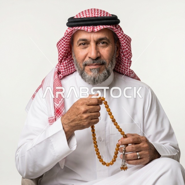 بورتريه رجل سعودي مسن يمسك المسبحة