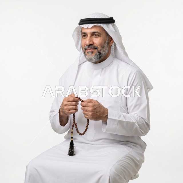 Middle Eastern Senior Man with Prayer Beads in Studio