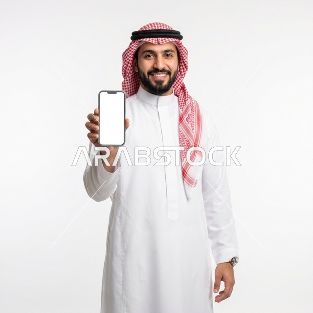 Arab Man with Blank Smartphone Screen on White Background
