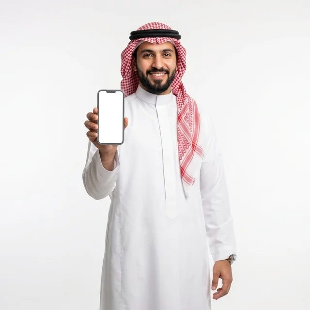 Arab Man with Blank Smartphone Screen on White Background