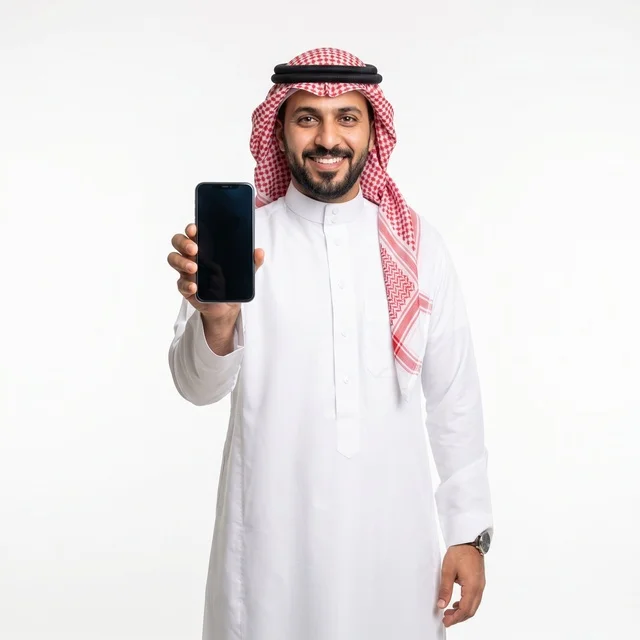 رجل سعودي يحمل هاتفاً ذكياً أمام خلفية بيضاء