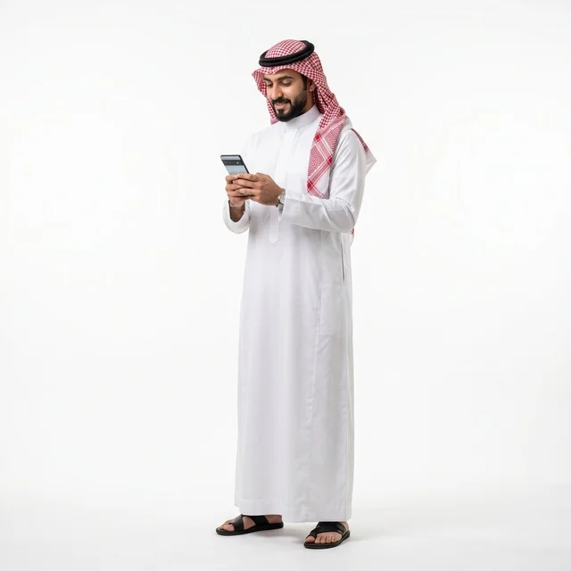 Saudi Man in Traditional Thobe Using Smartphone